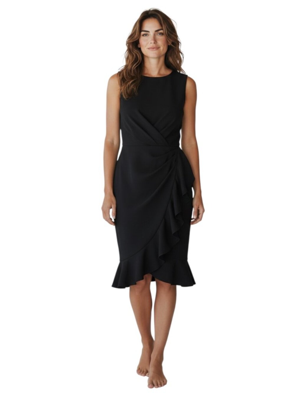 Worthington Petite 14P Black Draped Ruffle Sheath Dress Sleeveless